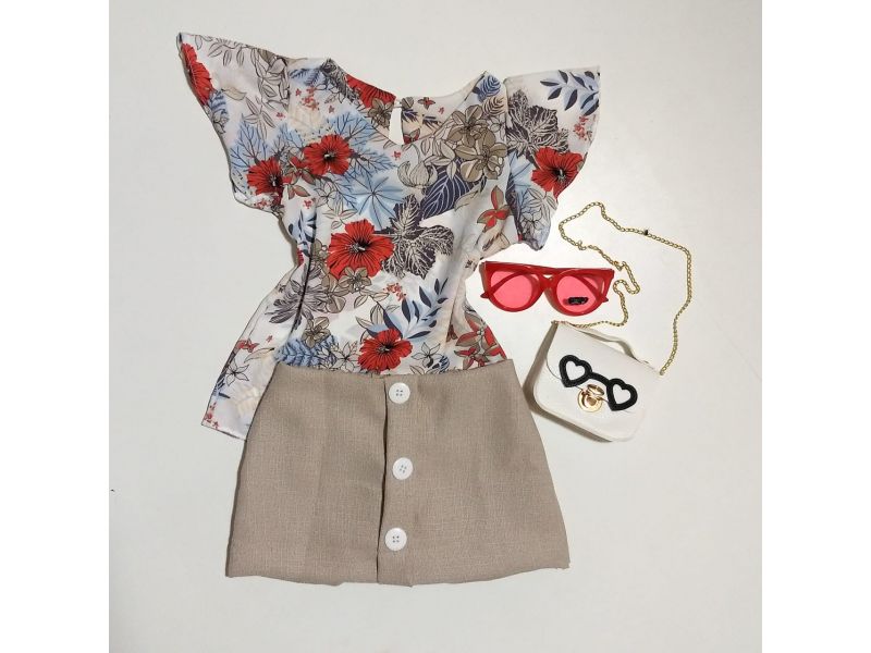 Conjunto Floral co Shorts Saia - Bege Conjunto Floral co Shorts Saia - Bege